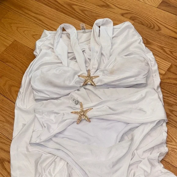 White Bikini Three Piece Set with Gold Starfish Accents - Picture 6 of 6